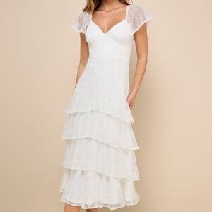 Lulus Graceful Darling White Lace Flutter Sleeve Tiered Midi Dress - Size M